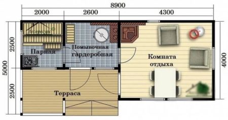 Планировка бани 3х5 мойка и парилка и комната отдыха