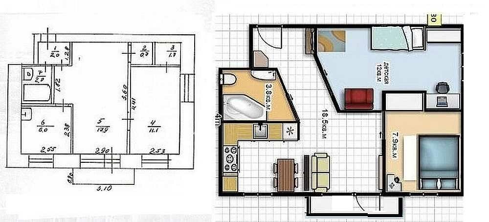 Перепланировка 2-комнатной квартиры