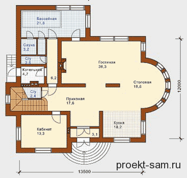 план кирпичного дома с бассейном 1-й этаж