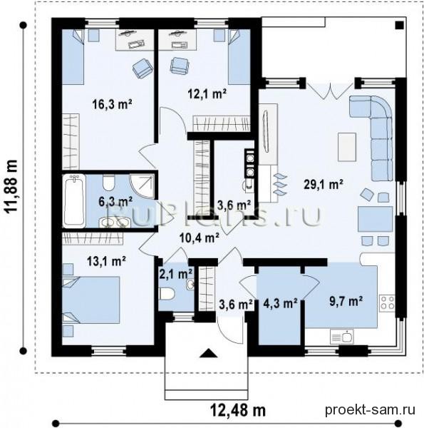 Планировка одноэтажного дома 10 на 10 с тремя спальнями и котельной