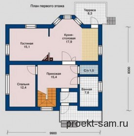 Планировка одноэтажного дома 8х9 с двумя спальнями